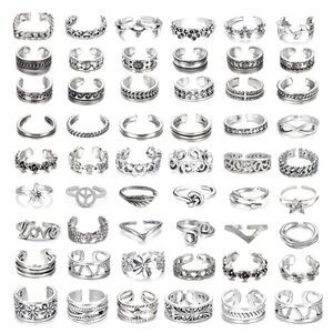 Silver Adjustable Boho Open Toe Rings - Set of 54